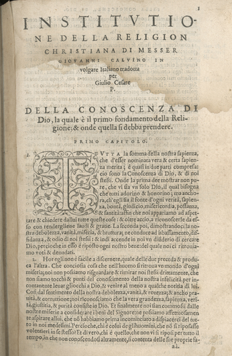 Institutione della Religion Christiana di Giovanni Calvino, edizione 1557 in Italiano tradotta per Giulio Cesare Paschali