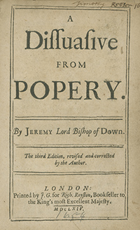 Title Page of A Dissuasion from Roman Catholicsm by Jeremy Taylor (Apologetic Sermon on Roman Catholicsm)